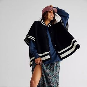 NWOT Free People Pep Rally Stripe Poncho Sweater Jacket Snaps Black White O/S